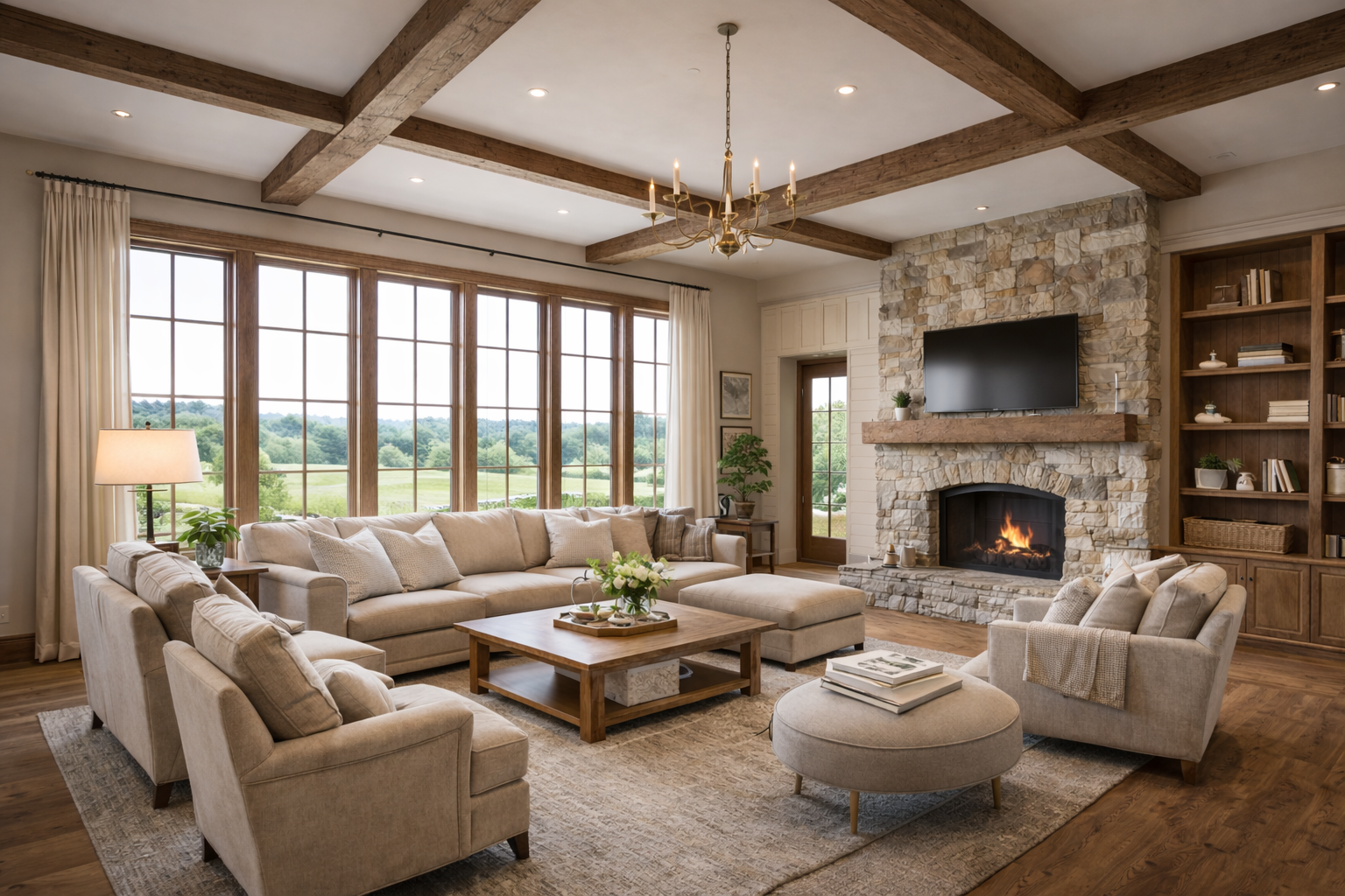 Living room with large windows, beige sofas, a stone fireplace with a TV, wooden ceiling beams, and a chandelier.