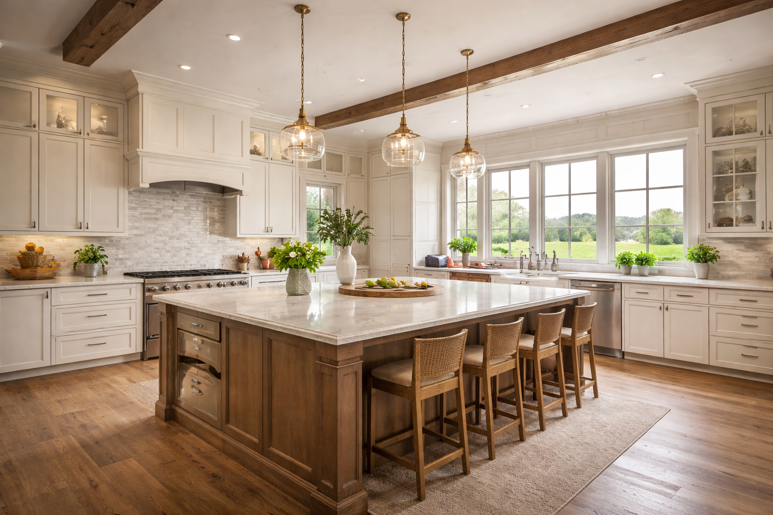 Bright farmhouse kitchen with a large central island, white cabinets, wooden accents, and large windows showing a green outdoor view.