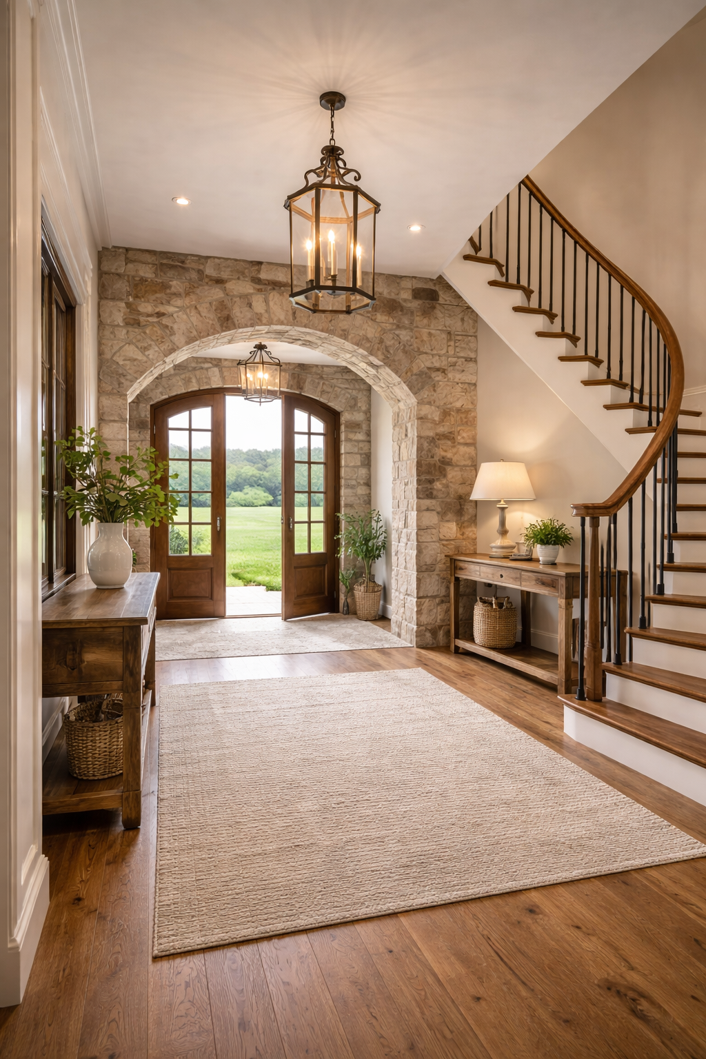 Entryway with wooden double doors leading outside to a green field, stone wall arch, hanging lantern lights, and a staircase with wooden steps and black iron railing.