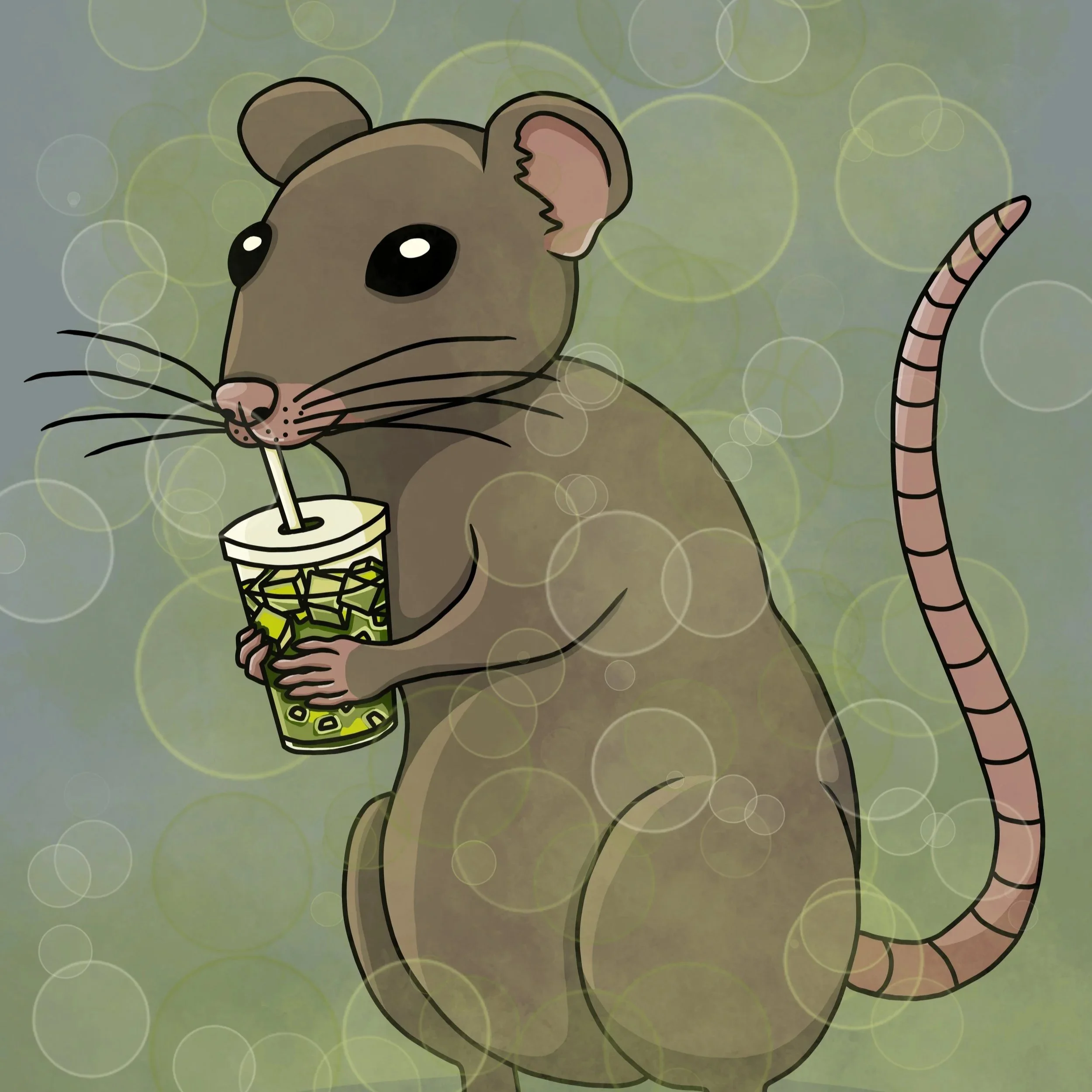 Eine Illustratione ienr Ratte, die einen Iced Matcha Latte trinkt.