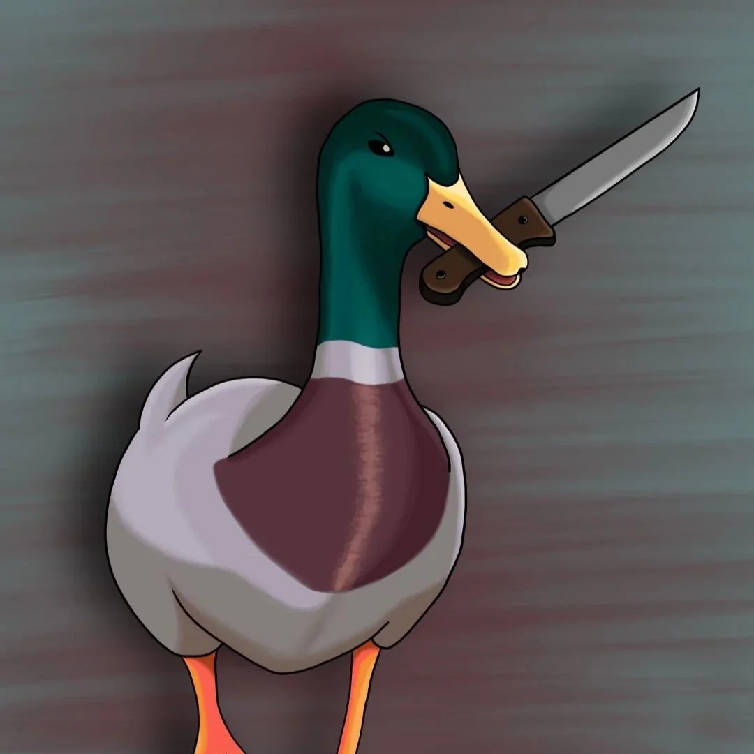 Eine gezeichnete Enten mit einem Messer im Schnabel.