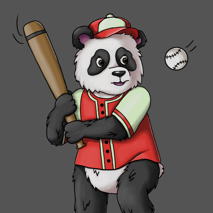 Eine Illustration eines Baseball spielenden Pandas. Dieser schlägt mit dem Schläger auf einen ankommenden Baseball.