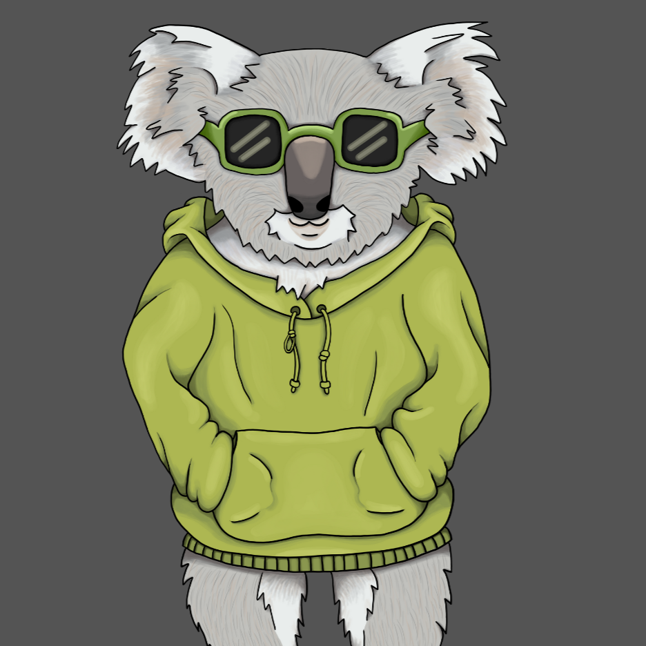 Illustration eines Koalas mit Sonnenbrille und grünem Kapuzenpullover.