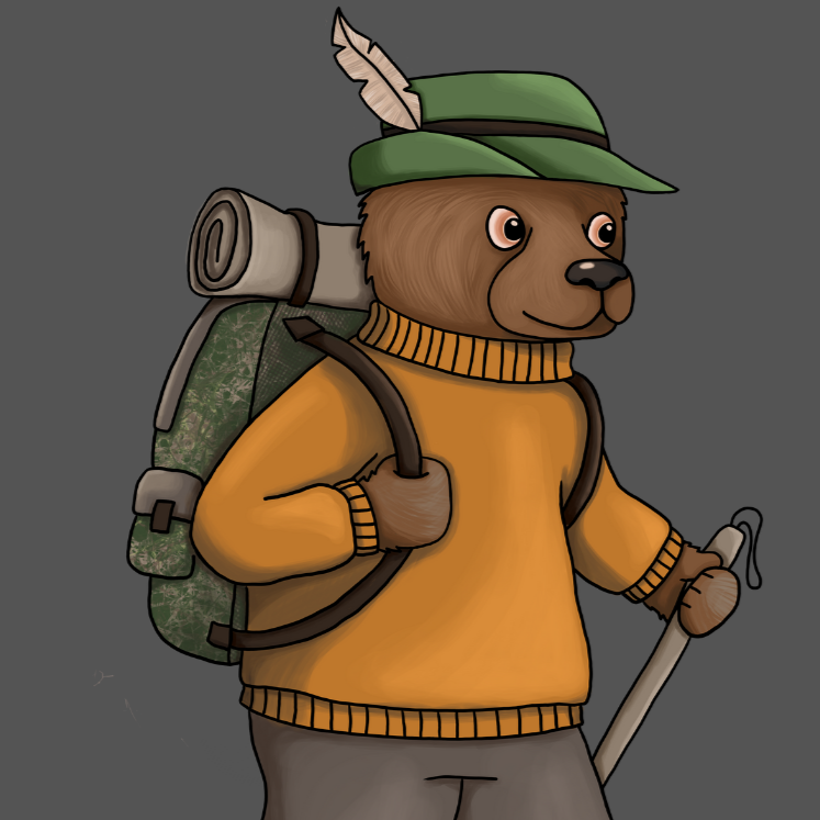 Ein Bär in Wanderkleidung trägt einen Rucksack und einen Wanderstab, digital illustriert.