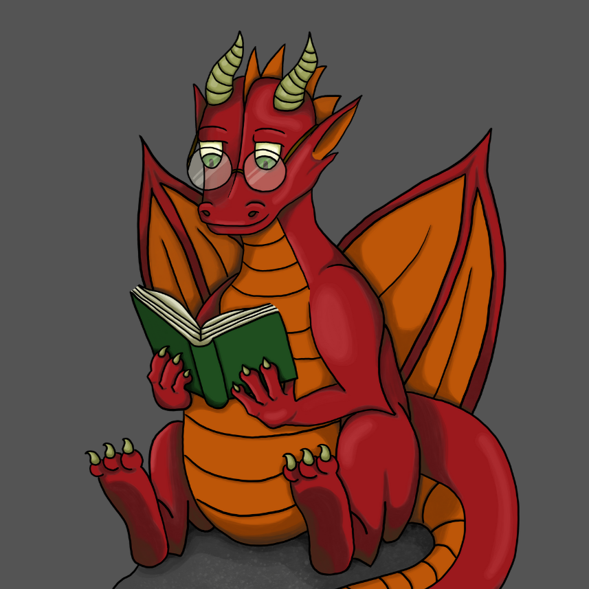 Eine Illustration eines roten Drachen mit grünen Hörnern, welcher ein Buch liest.