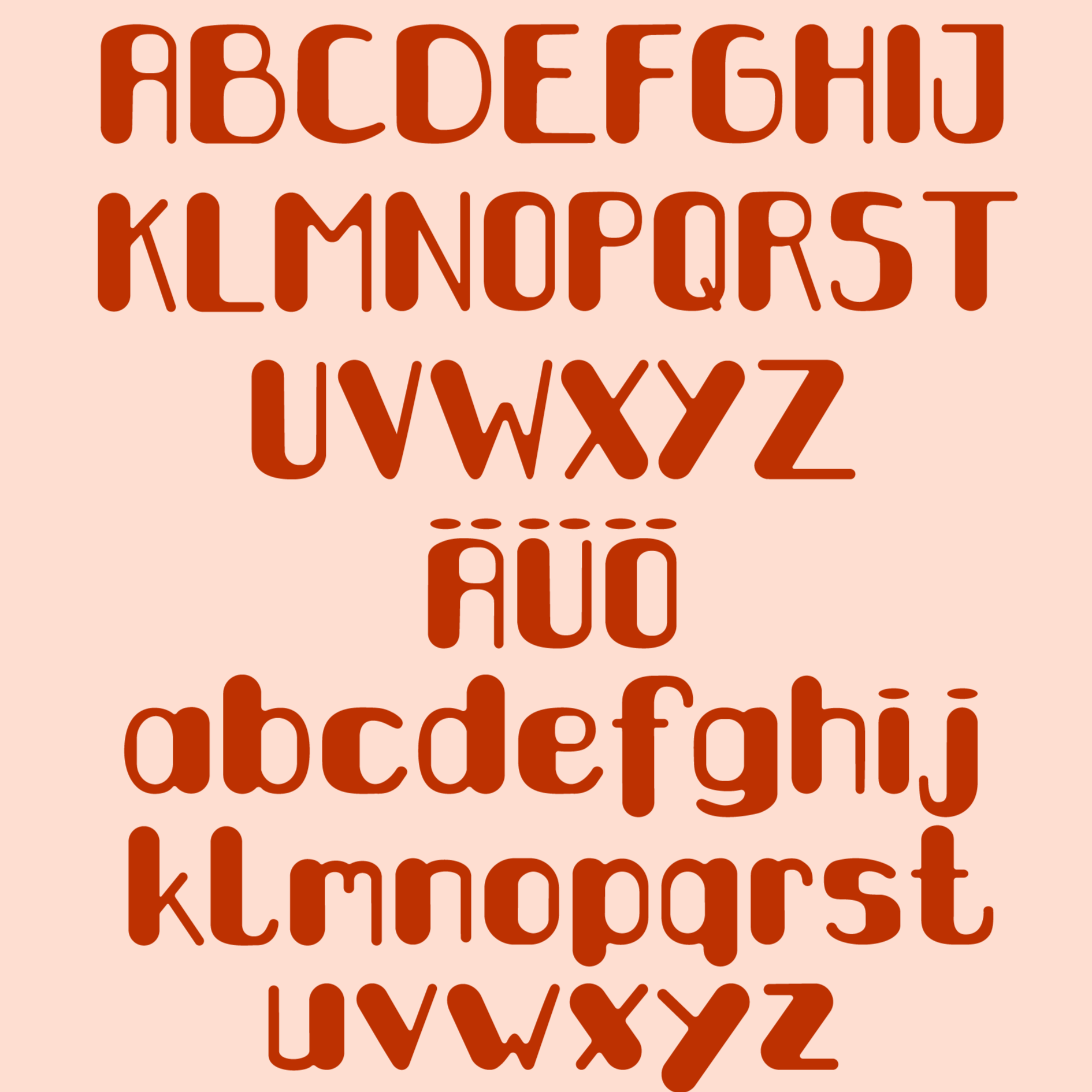 Ansammlung von Buchstaben in der Schrift "BohoBreeze". Rot auf rosa.