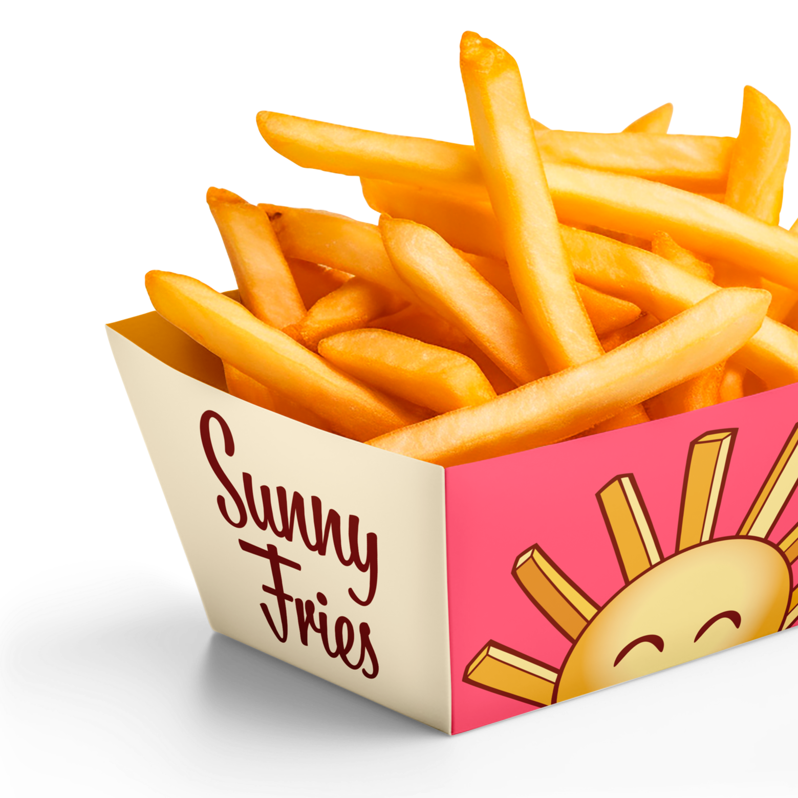 Pappschachtel mit Pommes, Aufschrift 'Sunny Frites' und einer bunten Illustration einer Sonne, welche Strahlen aus Pommes hat.