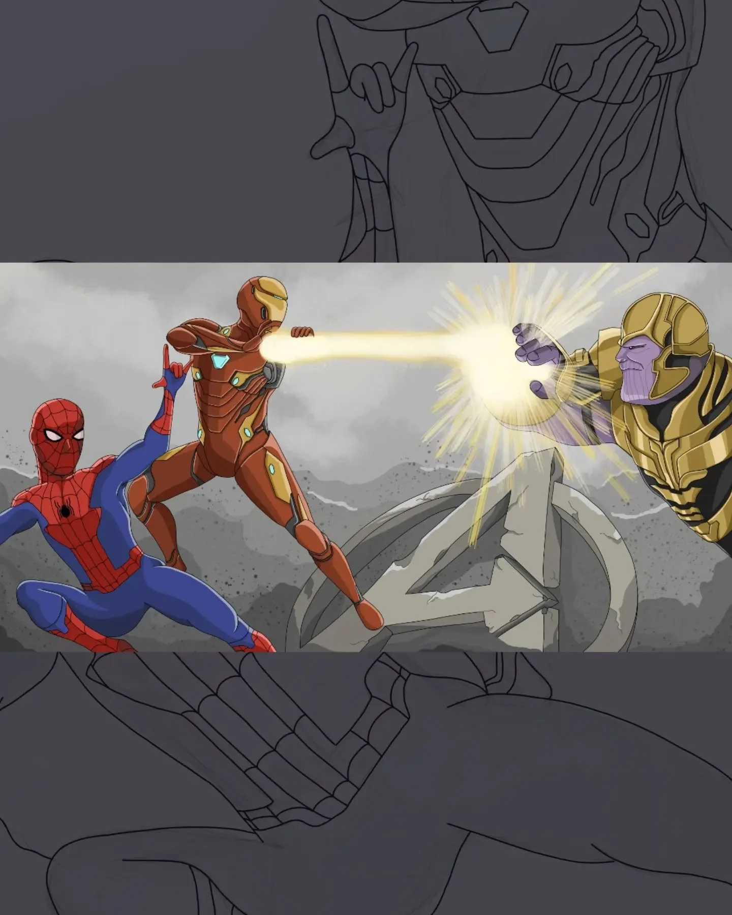 Dieses Jahr durfte ich einen gro&szlig;en Auftrag bearbeiten. Eine Szene aus dem Film "Avengers - Endgame" in meinem Stil gezeichnet, als Vorlage f&uuml;r ein Tattoo. 
Ich bin immer noch sehr dankbar f&uuml;r das Vertrauen und die M&ouml;gl