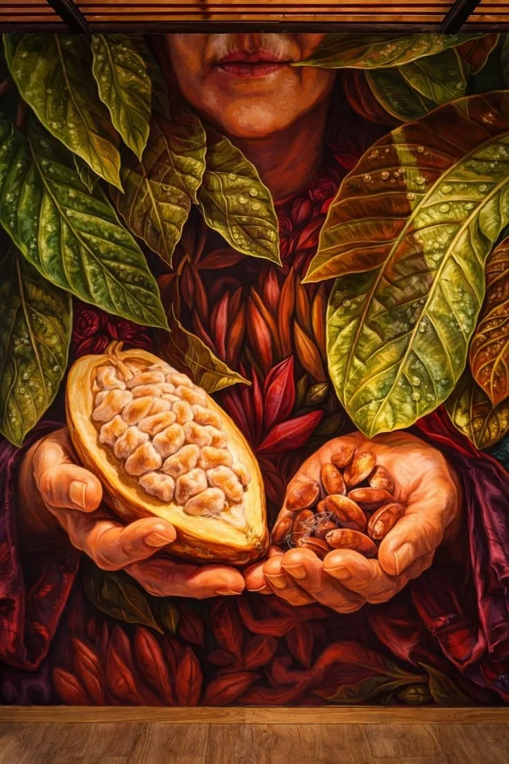 A mural depicting a person holding a peeled cacao pod filled with white beans and loose beans in the other hand, surrounded by large green leaves.