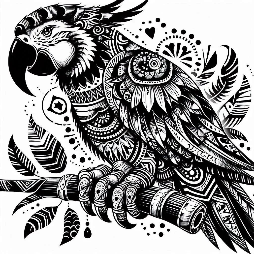 Black and white tattoo-style illustration of a parrot perched on a branch, with decorative patterns and feathers.