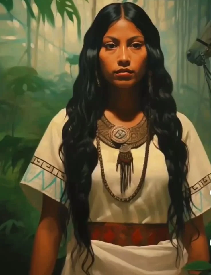 A woman with long, black, wavy hair wearing traditional-style clothing with geometric patterns on the sleeves and a beaded necklace with a pendant, standing against a green, jungle-like background.