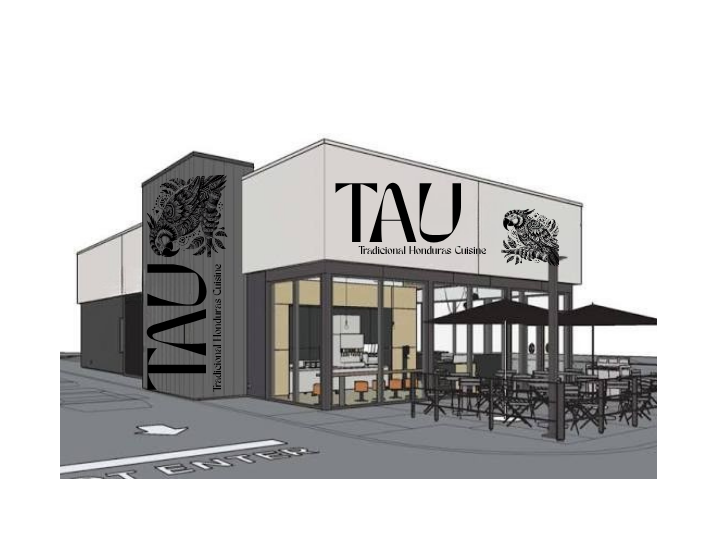 Rendering of a restaurant building named TAU, which offers traditional Honduras cuisine, with outdoor seating and large glass windows.