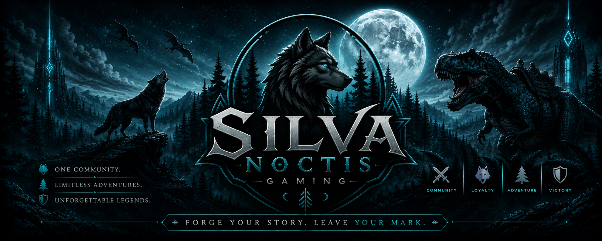 Fantasy-themed digital artwork for Silva Noctis Gaming featuring a wolf, dragon, and a werewolf against a moonlit forest background with mountains and clouds.