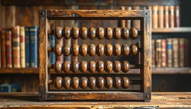 Vintage wooden abacus with four rows of dark brown beads, placed on a wooden table in front of a bookshelf filled with books.
