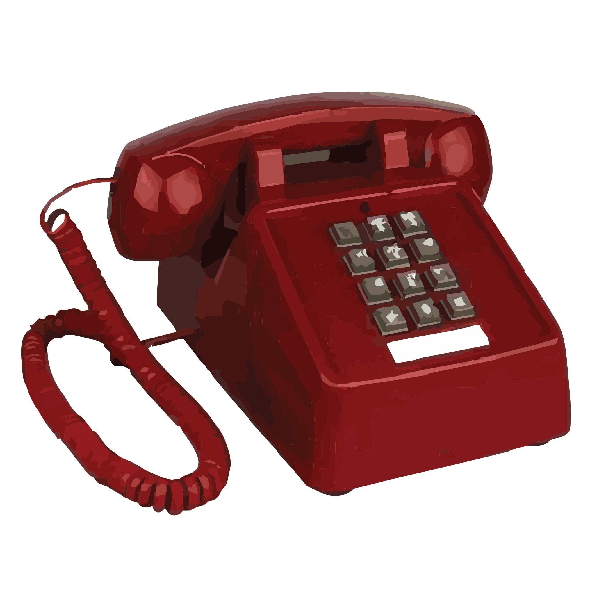 An old-fashioned red rotary telephone with a coiled cord.
