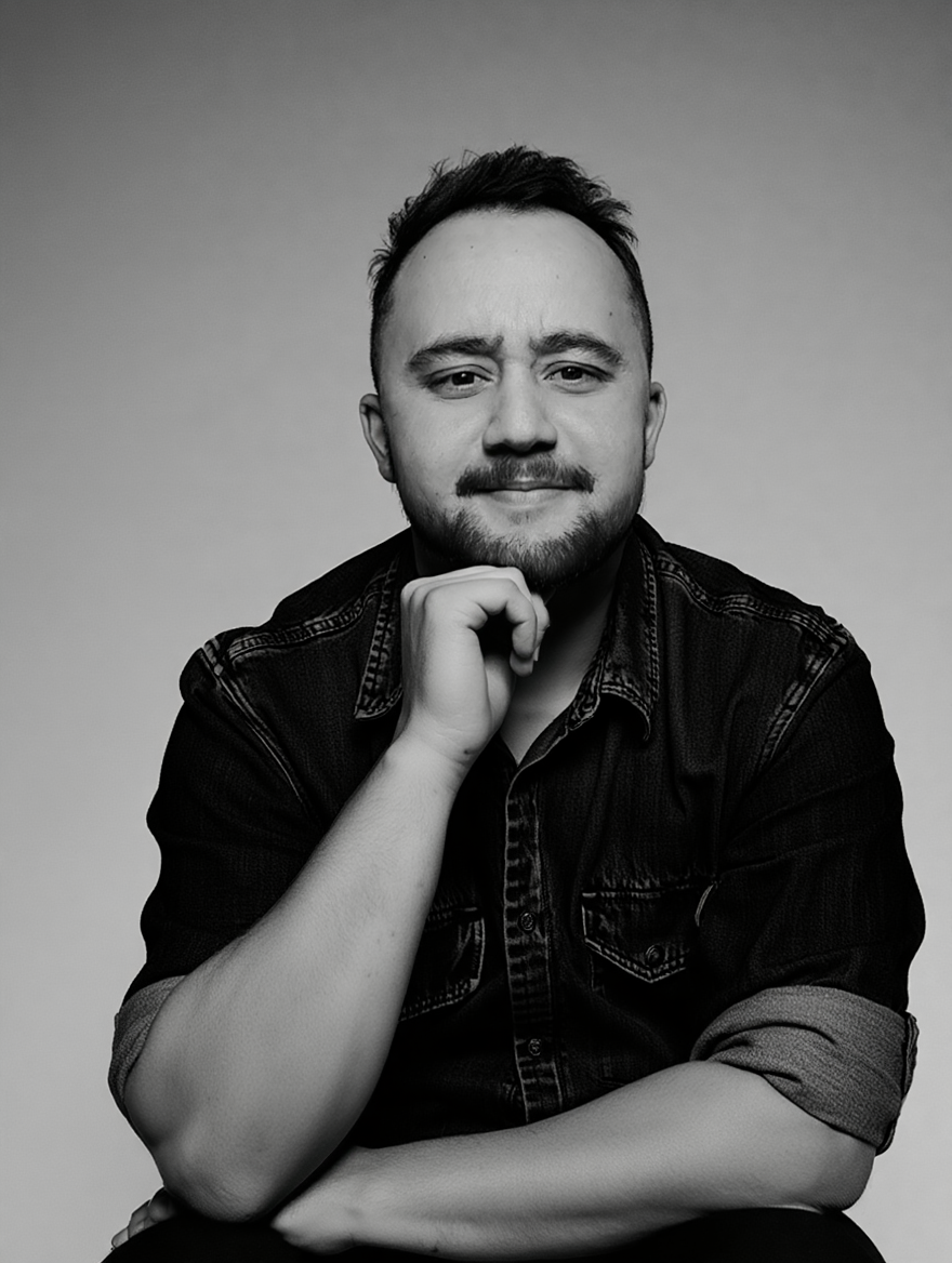 Un homme jeune avec une barbe, portant une veste en jean noir, pose en pensant, dans une photo en noir et blanc.