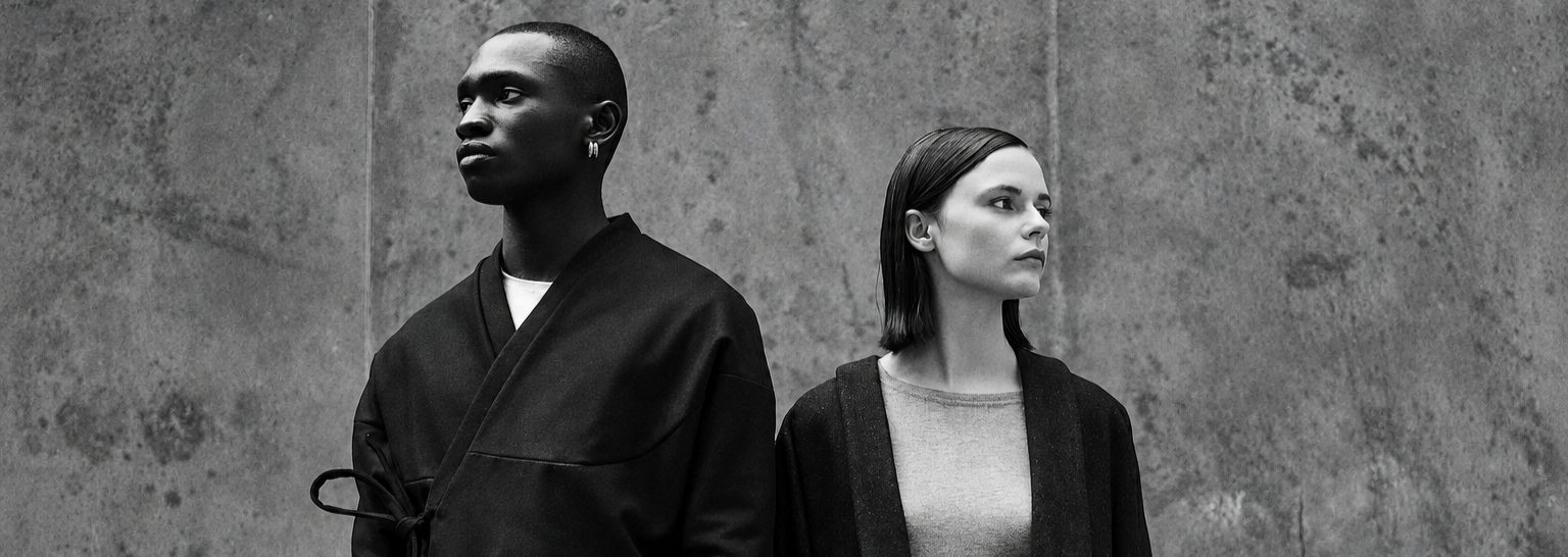 Deux personnes debout contre un mur en béton, regardant dans des directions opposées. La personne à gauche est une femme noire avec une peau lisse, portant un haut noir, la personne à droite est une femme blanche avec une peau claire, portant un sweat gris et une veste noire.