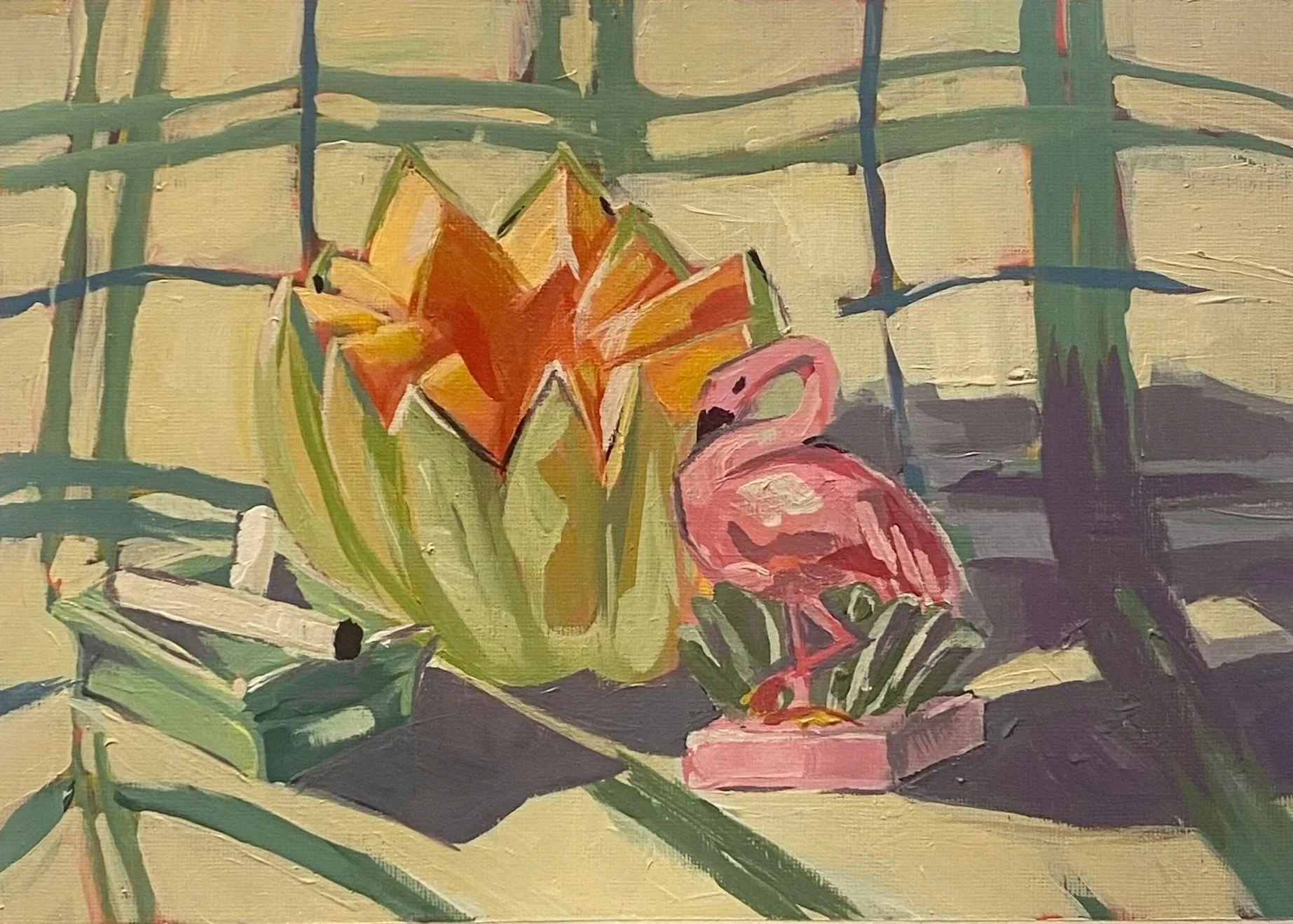 Flamingo Still Life, acrylic on paper, 8x10". 2024.
