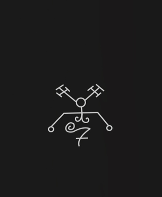 Minimalist black and white illustration of a geometric creature with two keys for antennae, a spiral, and the number 7 at the bottom.