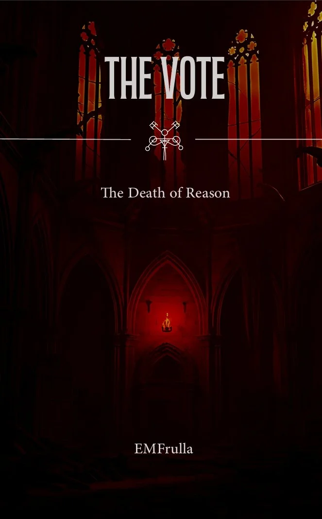 Book cover titled 'The Vote: The Death of Reason' by EM Frulla. The background features a dark, Gothic-style cathedral interior with red lighting and stained glass windows.
