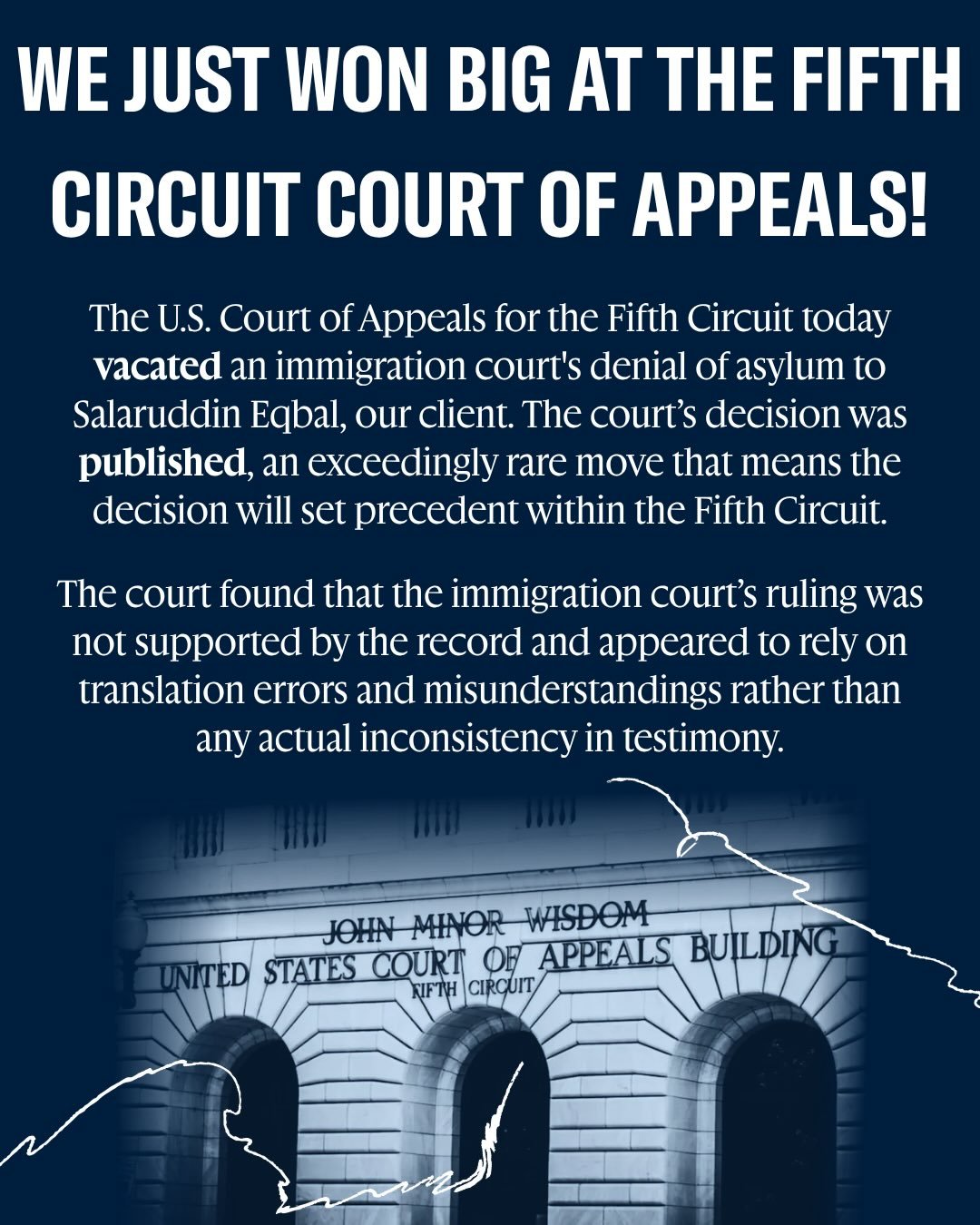 In a rare published decision, the U.S. Court of Appeals for the Fifth Circuit today vacated an immigration court&rsquo;s denial of asylum to Salaruddin Eqbal, an Afghan man who served in security roles protecting high-ranking officials in the U.S.-ba