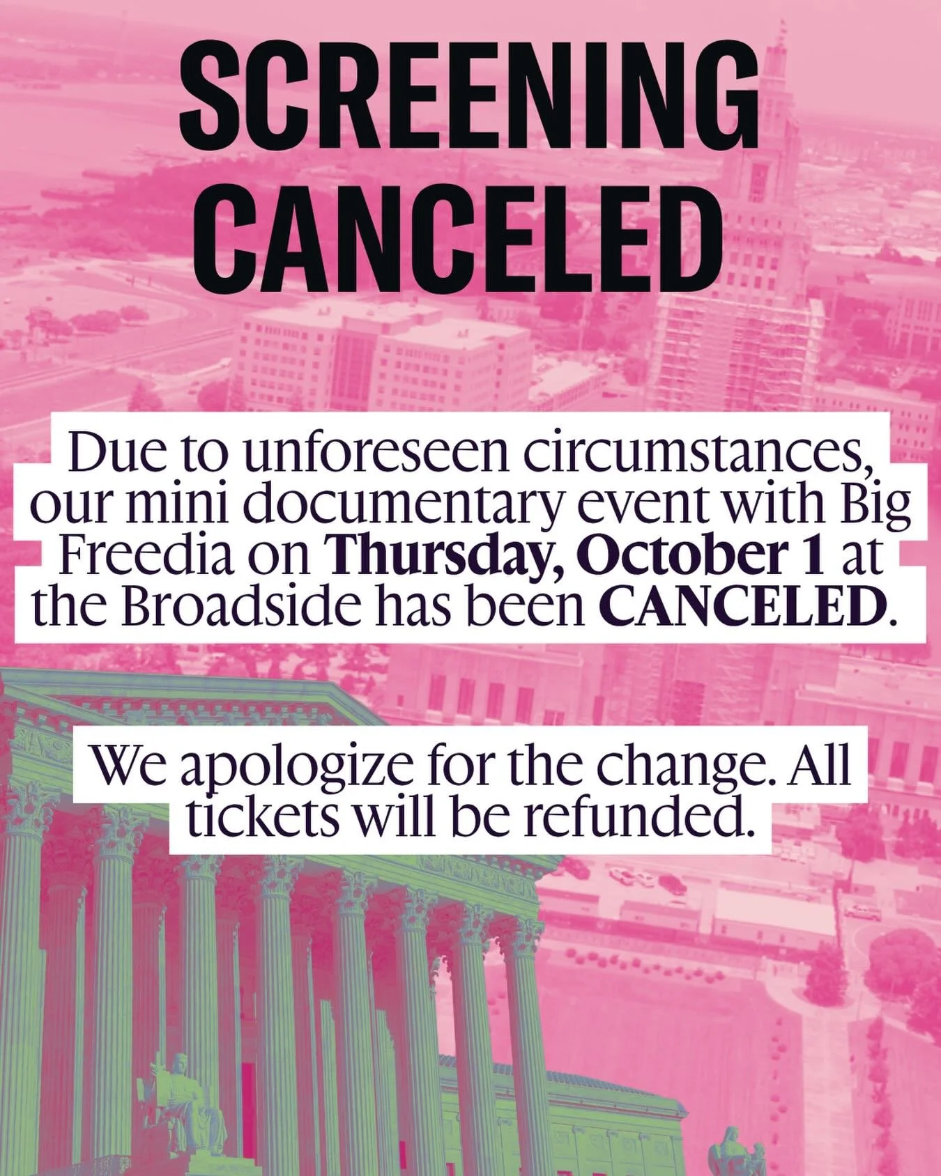 Due to unforeseen circumstances we unfortunately have to cancel this week&rsquo;s screening event with Big Freedia. We apologize to everyone who was looking forward to this. All tickets will be refunded.