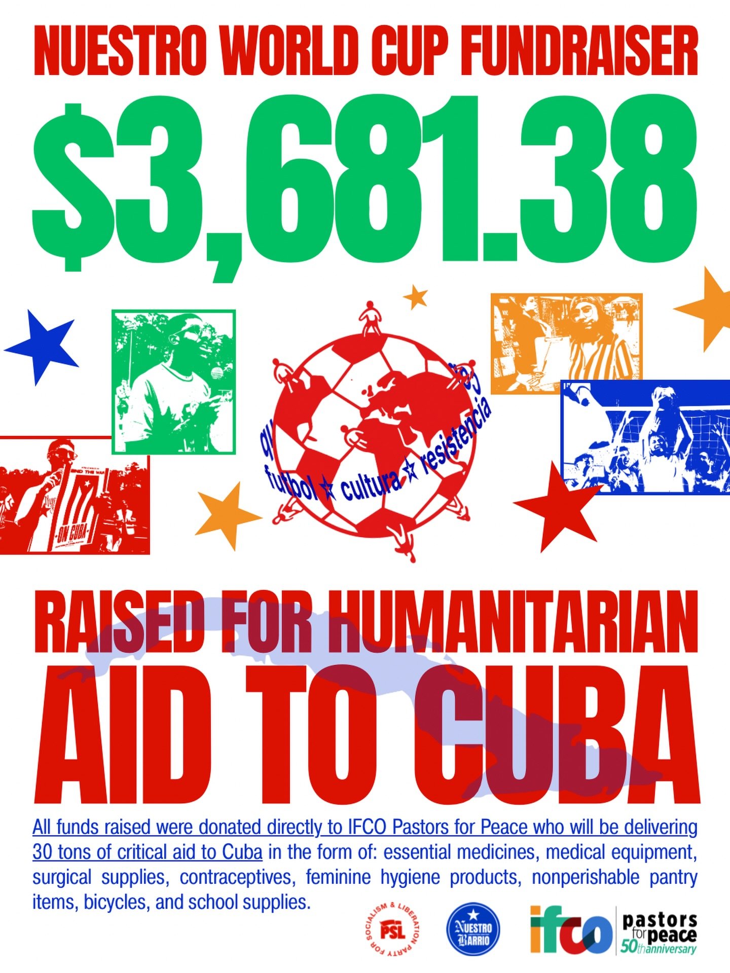 🇨🇺 $3,681.38 RAISED FOR CUBA! 🇨🇺

Thank you to everyone who participated in Nuestro World Cup, from vendors, players, and spectators, together we surpassed our original goal of $3,000!

This is what it looks like when we reclaim our game. Not a c