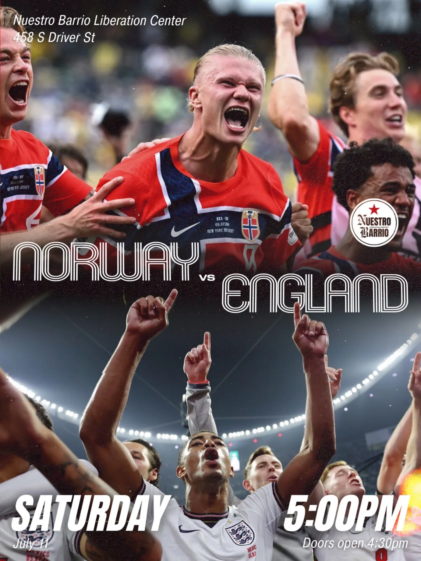Quarter Final Watch Party at Nuestro Barrio: 🇳🇴Norway V England🏴󠁧󠁢󠁥󠁮󠁧󠁿 

📆 Saturday, July 11
⏰Doors open at 4:30PM, match kicks off at 5PM
📍Nuestro Barrio Liberation Center: 458 S Driver St, Durham, NC
🎟️FREE ENTRY🎟️

Come catch the Worl
