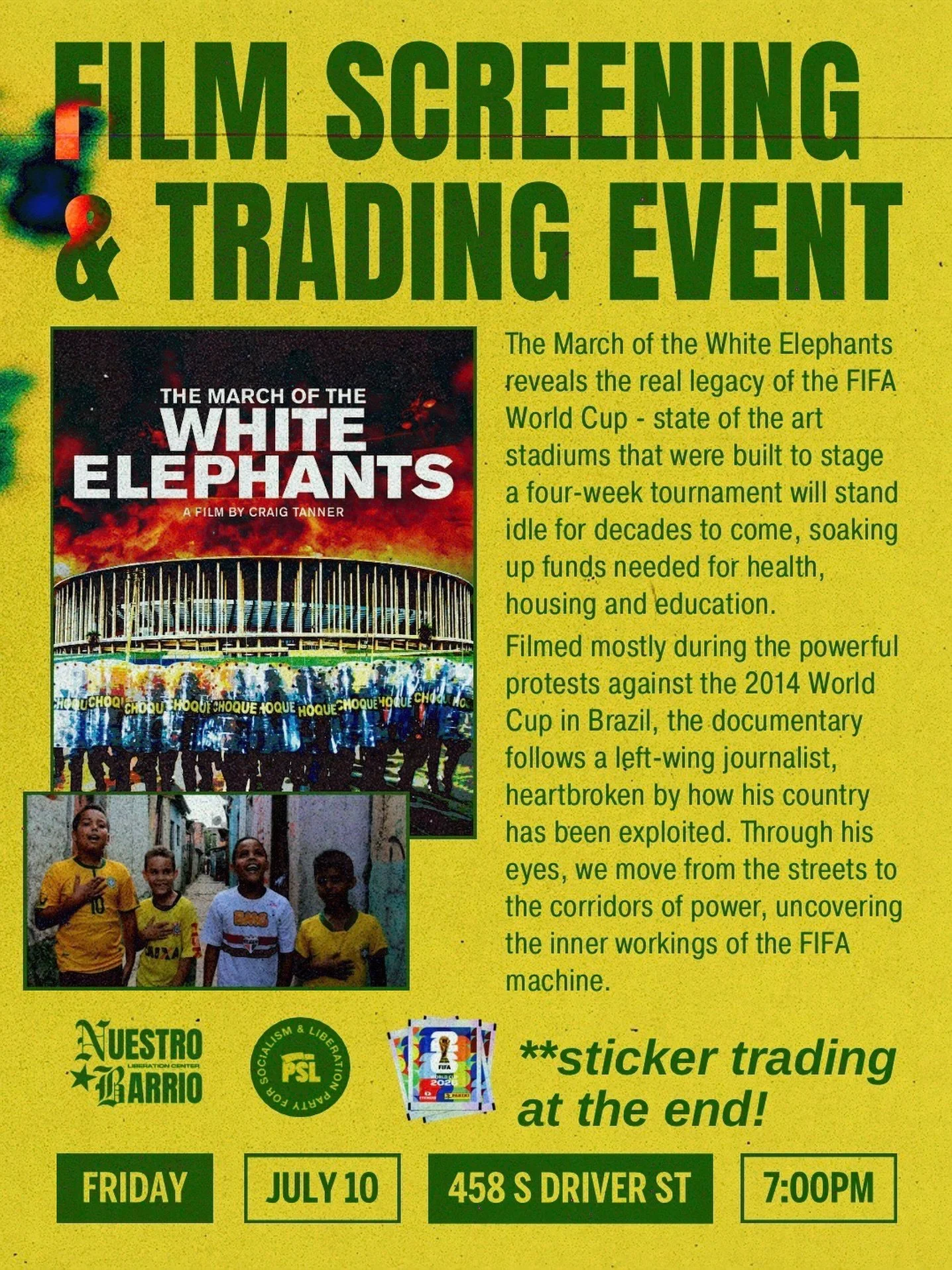 Film screening, discussion, &amp; trading! 🎥🤝

The March of the White Elephants reveals the real legacy of the FIFA World Cup - state of the art stadiums that were built to stage a four-week tournament will stand idle for decades to come, soaking u