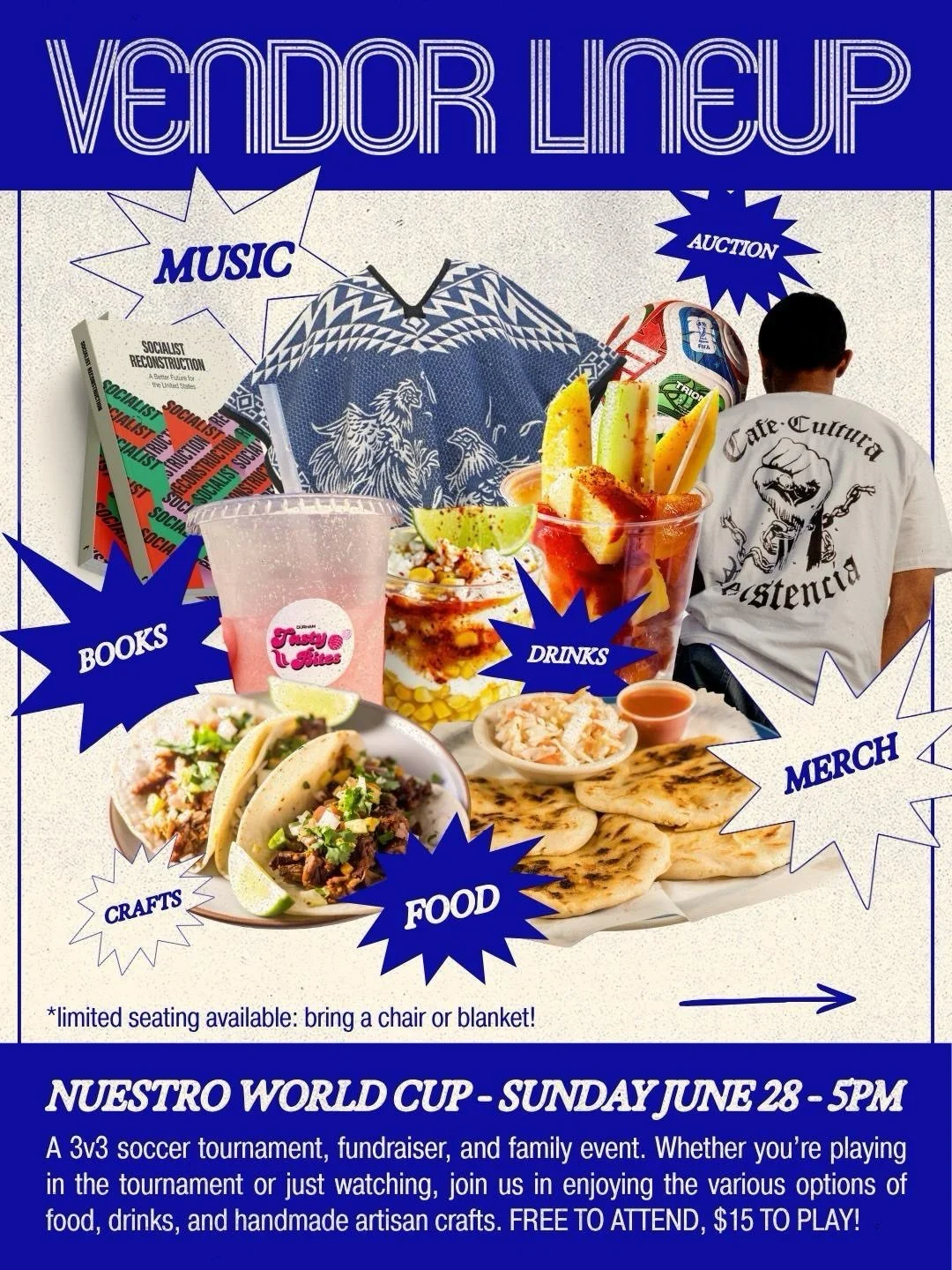 Vendor and sponsor lineup for Nuestro World Cup 🥤🌮

This summer, let&rsquo;s lean into the joy, culture, and solidarity that transcends borders through soccer. Nuestro World Cup is a family event, fundraiser for Cuba, and 3v3 soccer tournament - co