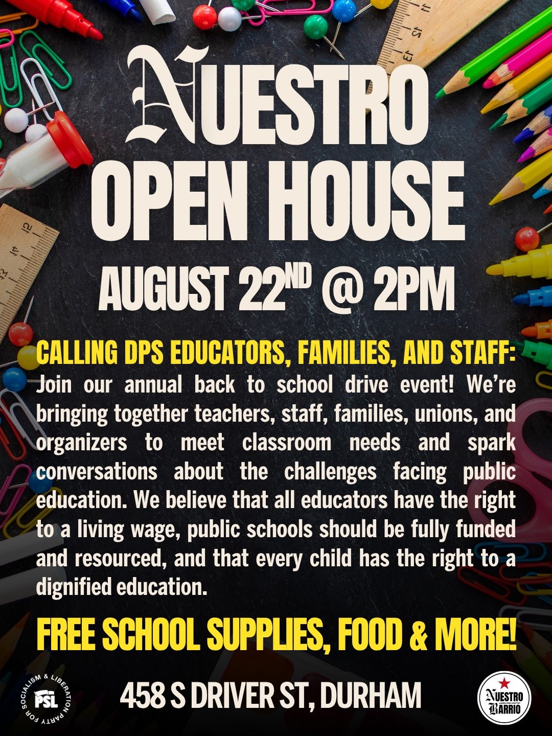 Calling all Durham Public School Teachers, Families, and Staff: Join us for our Nuestro Open House🏫

Under the current system, public education is constantly under attack. The Second Trump Administration has already fired half the staff (1300 worker