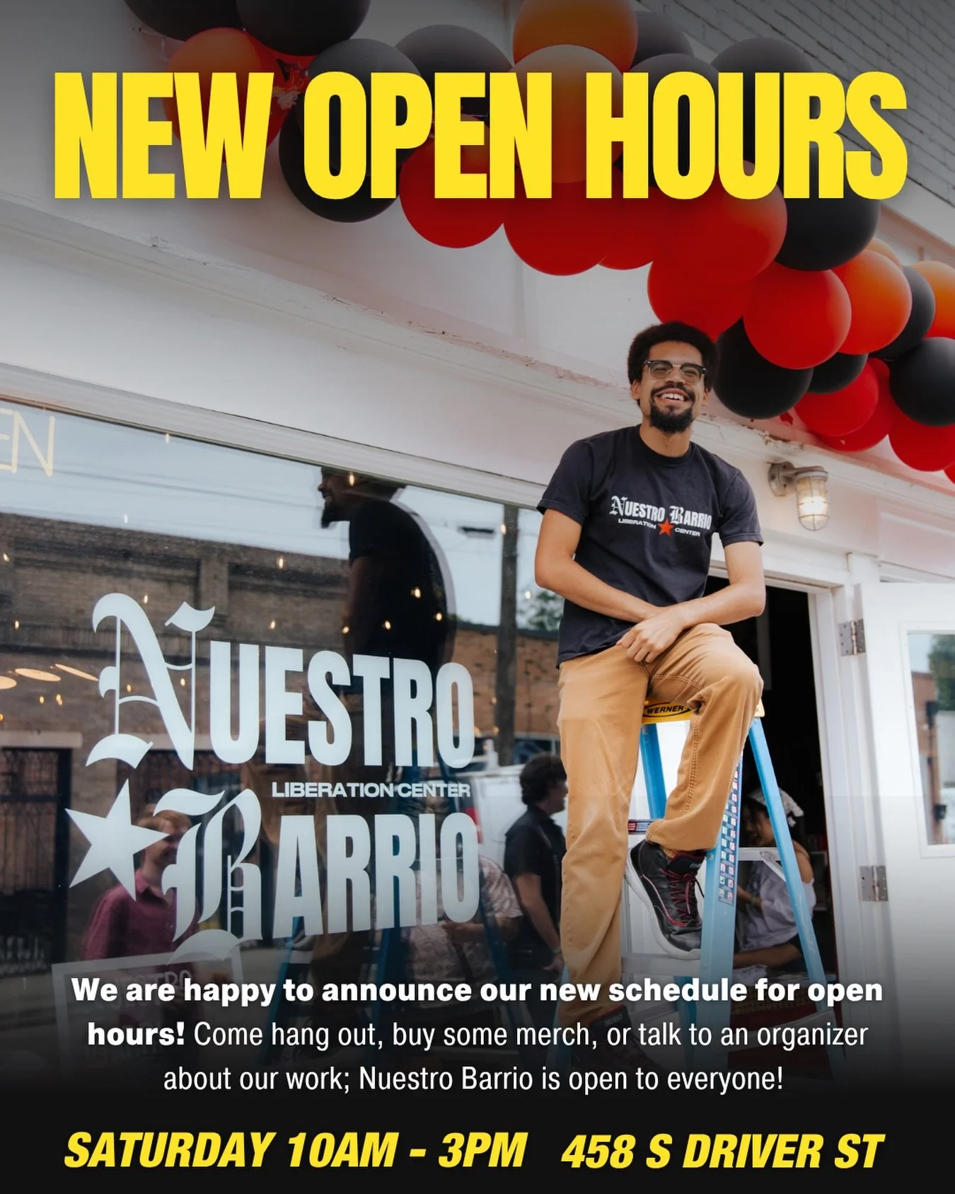 Get ready for Nuestro Barrio Open Hours coming soon!⭐️💫

Come hang out, buy some merch, or talk to an organizer about our work; Nuestro Barrio is open to everyone! 

Nuestro Barrio is a volunteer-run socialist community center serving as a hub for o