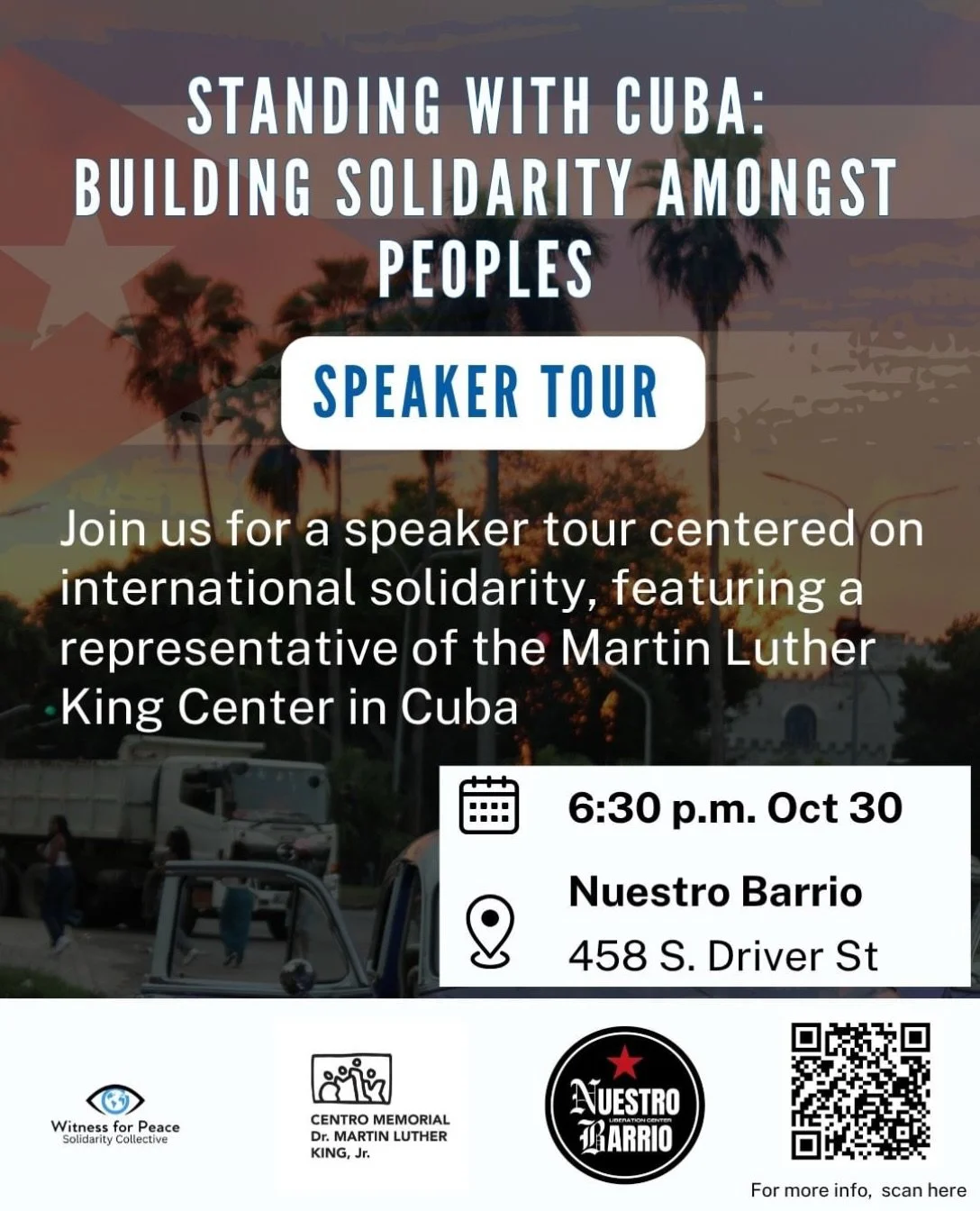 Standing with Cuba: Building Solidarity Amongst Peoples 🇨🇺🤝

📆 Friday, October 30th
⏰ 6:30pm
📍Nuestro Barrio Liberation Center: 458 S Driver St, Durham, NC 

Join us this Friday with a guest speaker from the Martin Luther King Jr. Center in Cuba