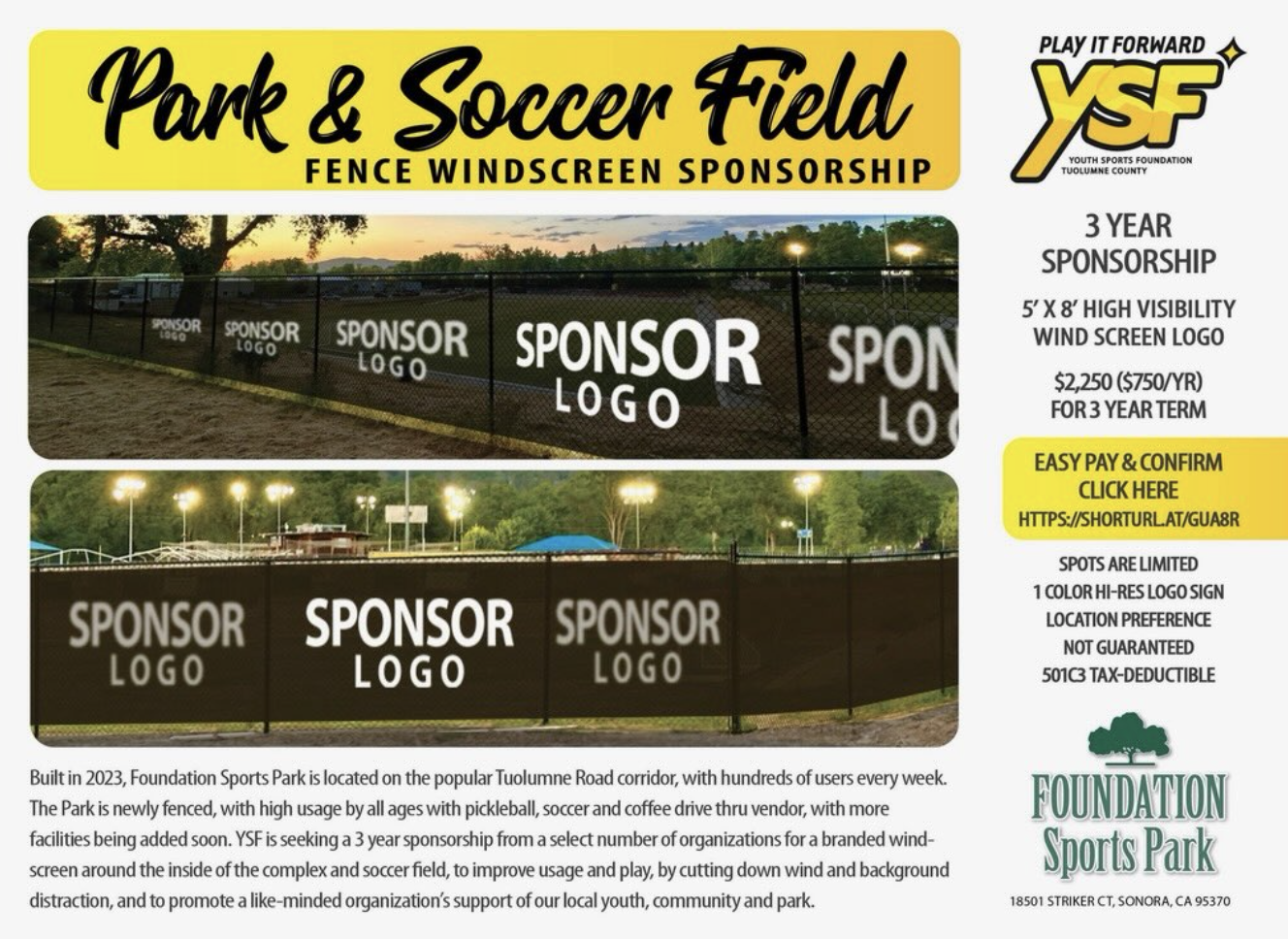 Advertisement for Foundation Sports Park's fence windscreen sponsorship, showing two photos of the park's fenced fields with placeholder logos, sponsorship details, and a map location, with informational text about the park and sponsorship opportunity.