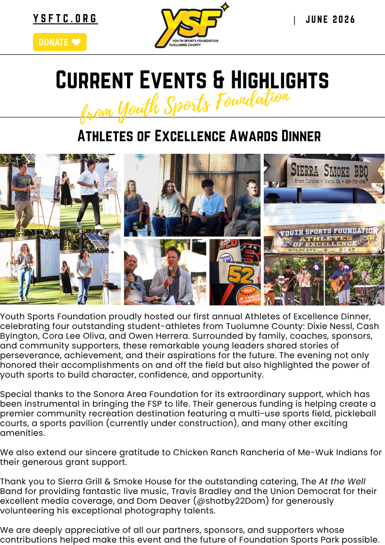 Collage of photos from the Youth Sports Foundation Athletes of Excellence Awards Dinner, showing young athletes, speakers, and event banners celebrating youth sports achievements.