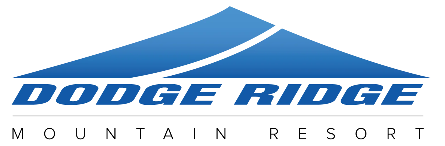 Dodge Ridge logo with stylized mountain peaks and bold blue text.