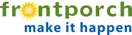 Logo for 'Frontporch' featuring a yellow sun replacing the 'o', with the tagline 'make it happen' in blue.