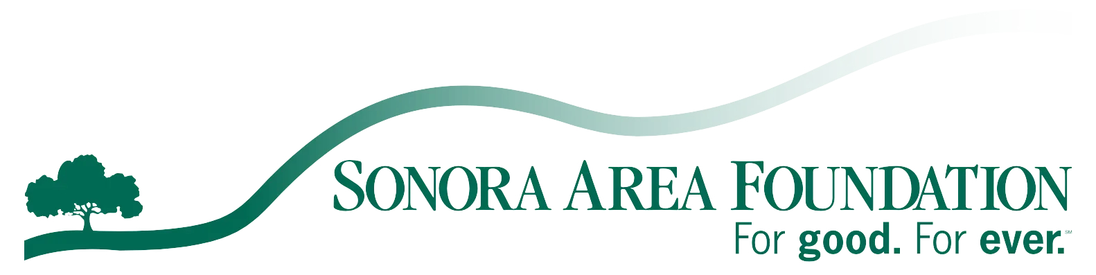 Logo of the Sonora Area Foundation featuring a tree, a flowing line, and the text "Sonora Area Foundation For good. For ever."