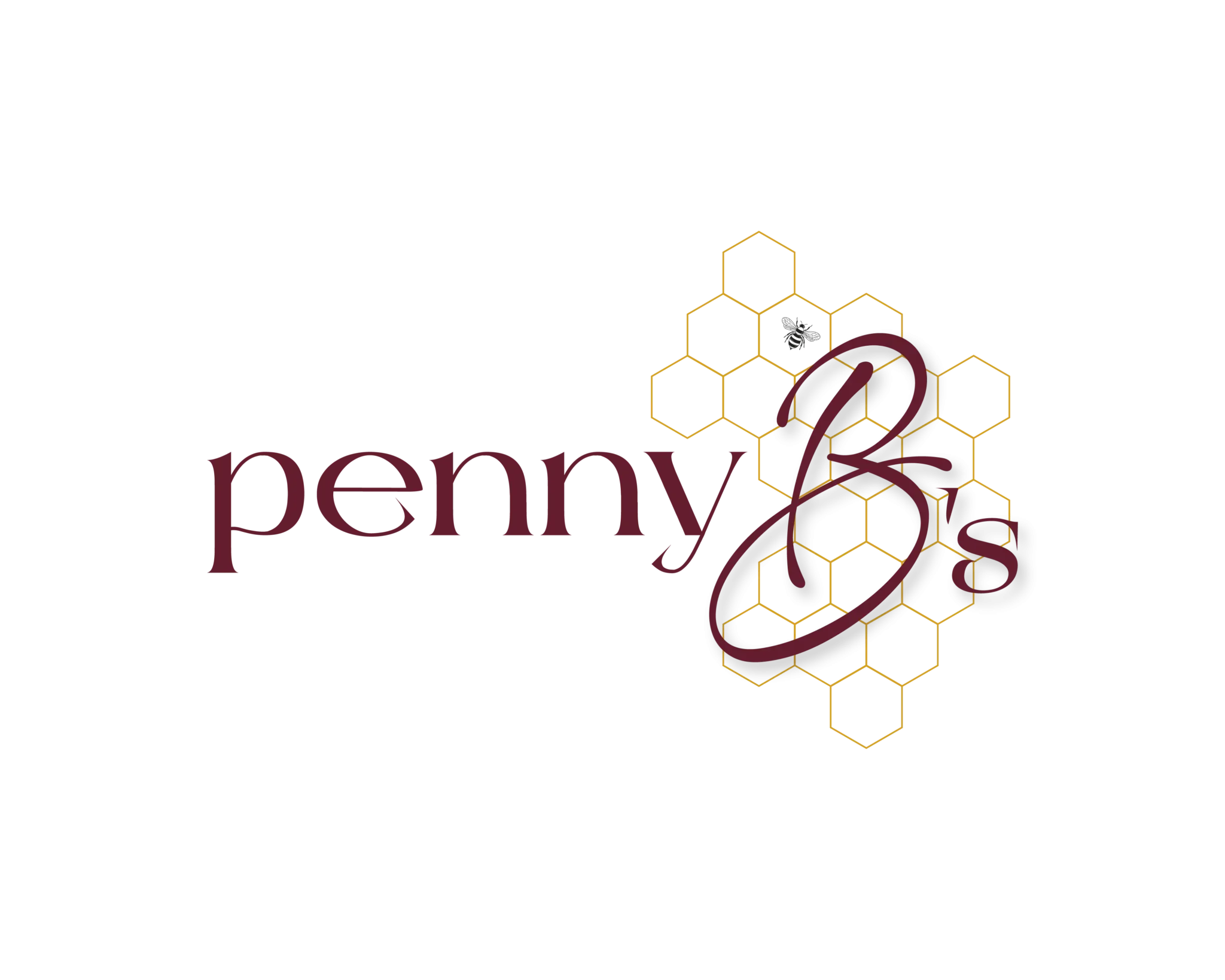 Graphic with hexagonal honeycomb pattern, the word 'penny' partially visible, and a stylized letter 'P' in purple.