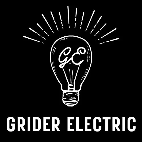 A black background with a white outline drawing of a light bulb emitting rays, with 'G&' written inside, and the text 'GRIDER ELECTRIC' below.