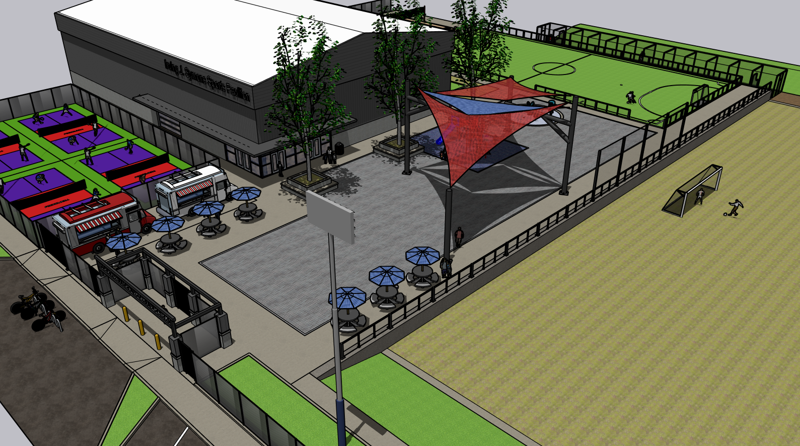 A digital rendering of an outdoor sports and recreation complex, including soccer fields, a skate park, and basketball courts with seating and shade structures.