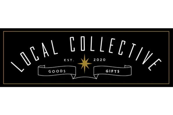 Black background logo for Local Collective, featuring gold star and white text, with the words 'Goods' and 'Gifts' on a ribbon banner, established in 2020.