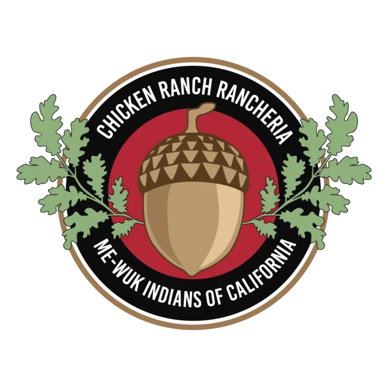 Logo for Chicken Ranch Rancheria, Mewuk Indians of California, featuring an acorn with oak leaves.