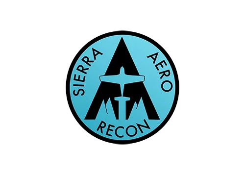 Logo with a blue circle containing a black military-style aircraft silhouette and the words "Sierra Aero Recon" around it.