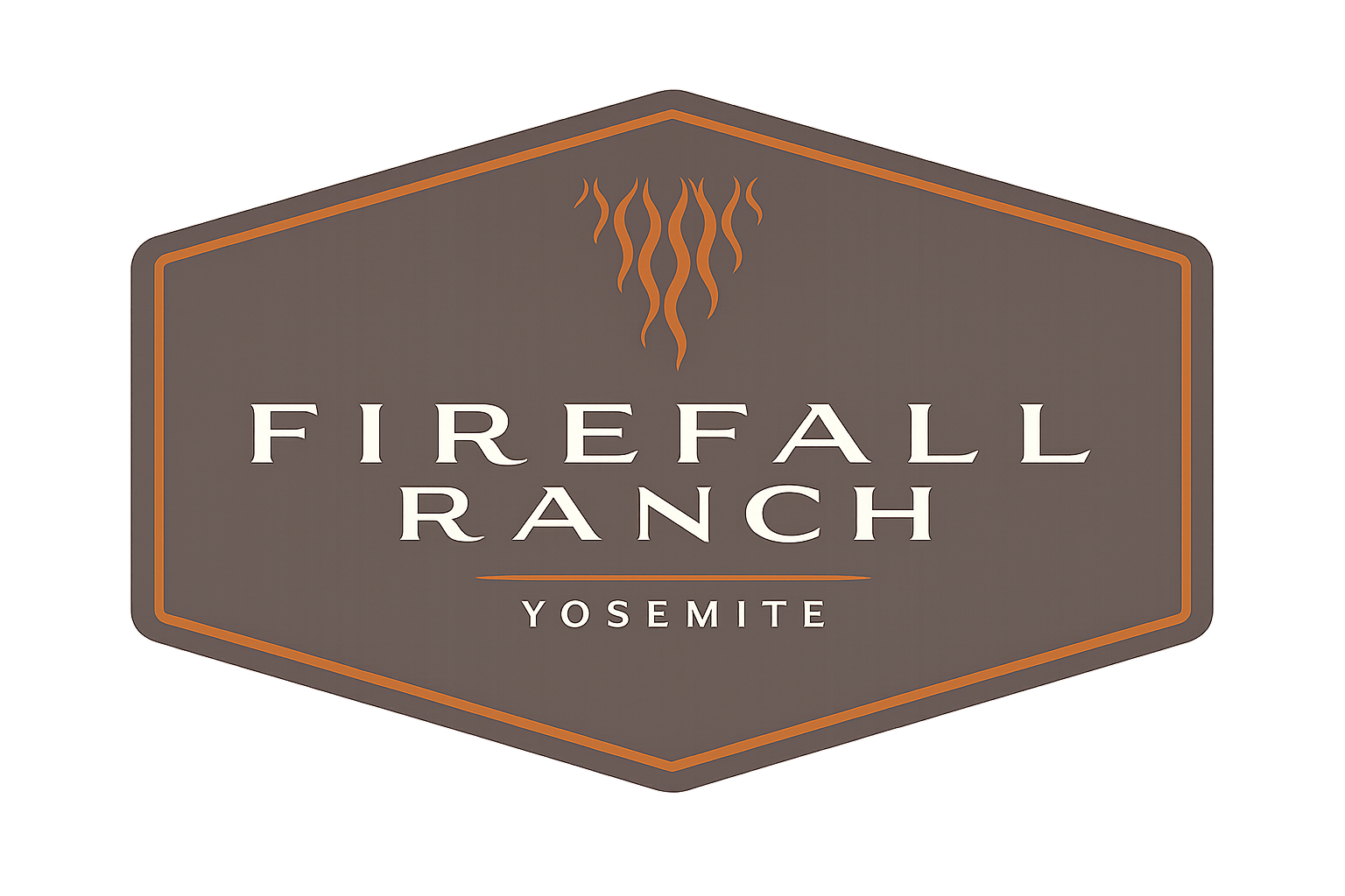 Sign for Firefall Ranch Yosemite with a dark gray background, orange border, stylized flame graphic, and white text.