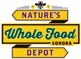 Sign for Nature's Whole Food Depot in Sonora with yellow and purple arrows