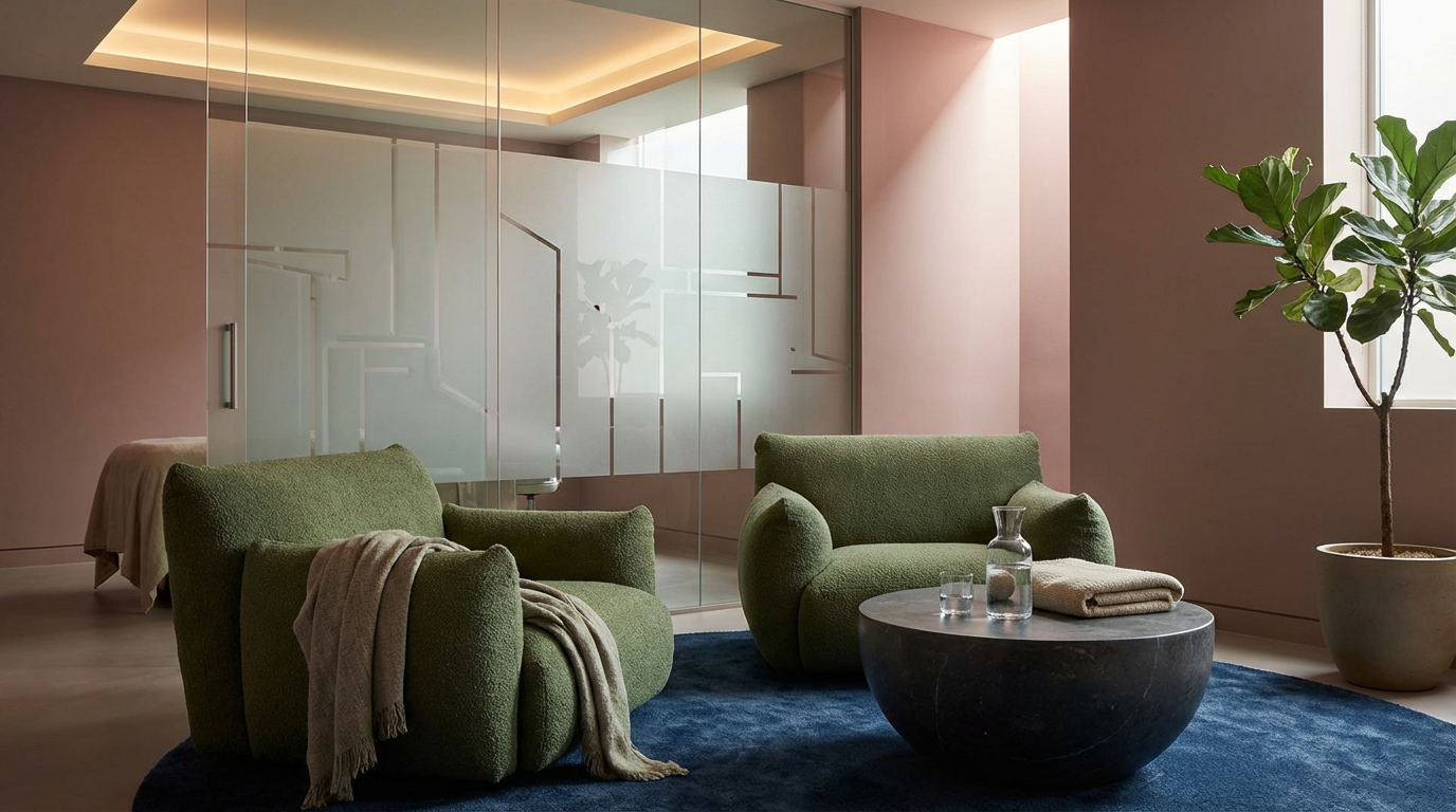 Modern living room with two green armchairs, a round black coffee table with a glass jug and towels, and a large potted plant, illuminated by natural light from a window.