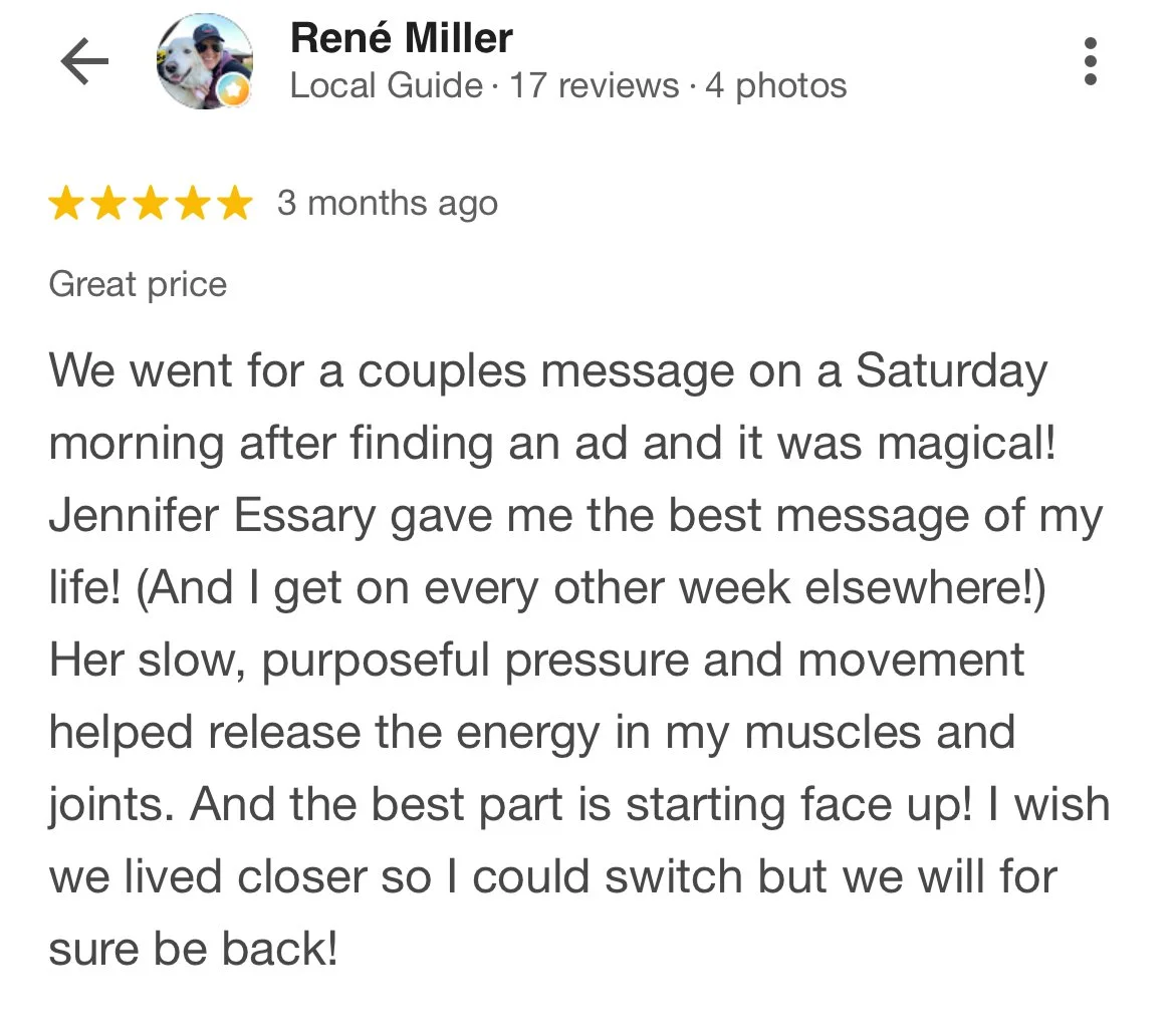 Screenshot of a Google review by René Miller about a massage, mentioning positive experience and benefits from the massage.