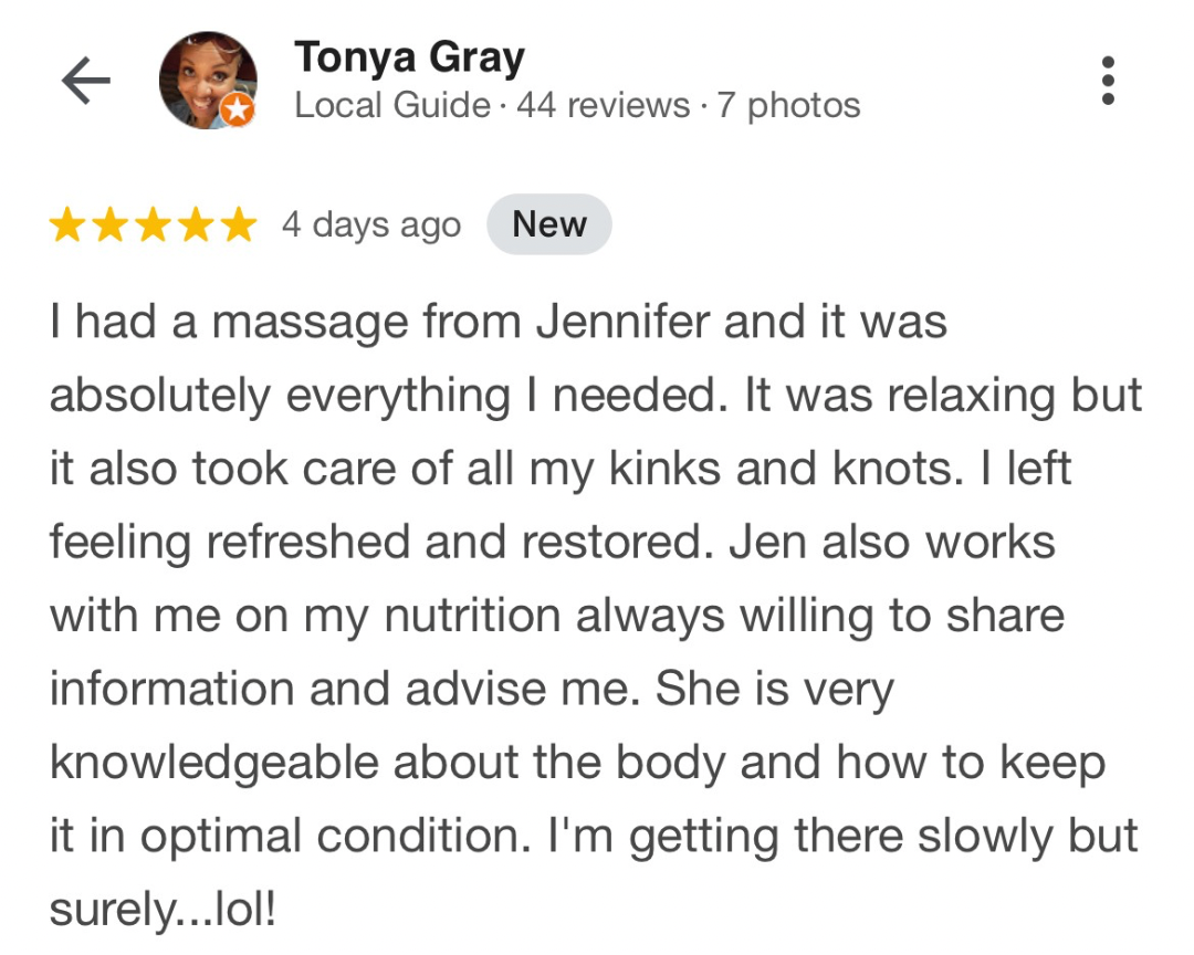 Review by Tonya Gray praising a massage and nutrition consultation with Jen, highlighting relaxation, body care, and health advice.