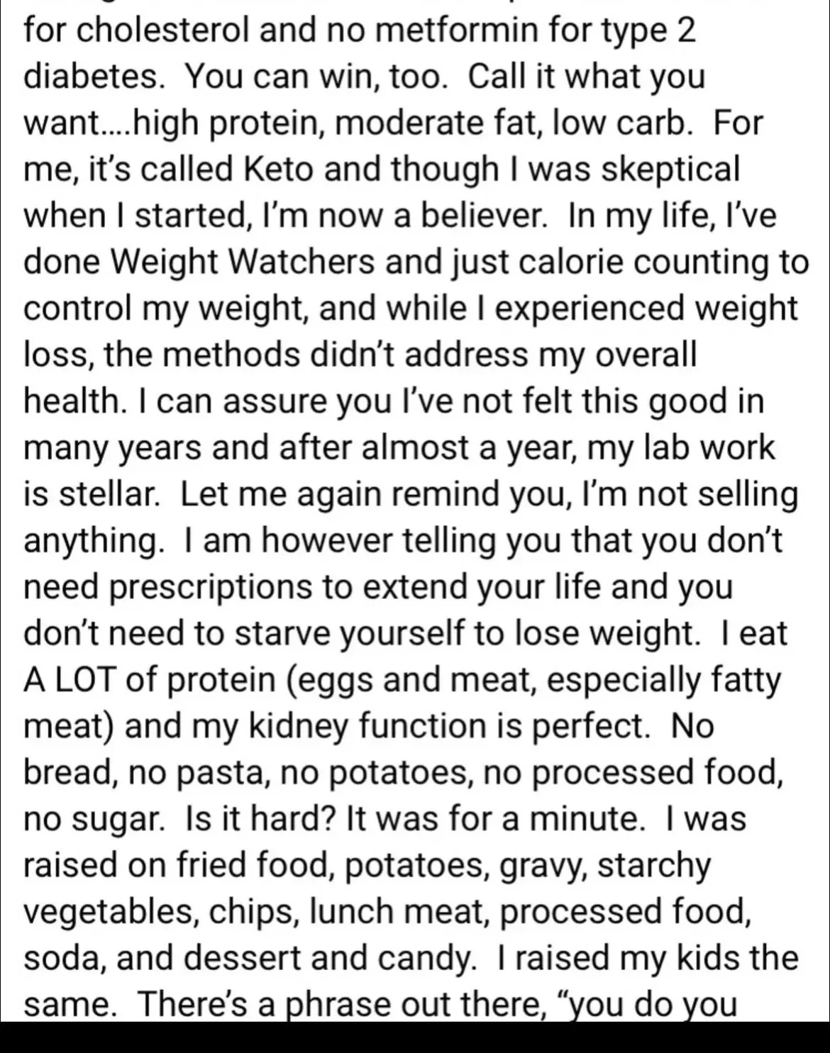 Photograph of a printed text discussing health, diet, and weight loss, emphasizing a high-protein, low-carb diet, and mentioning personal experiences with lab work and kidney function.